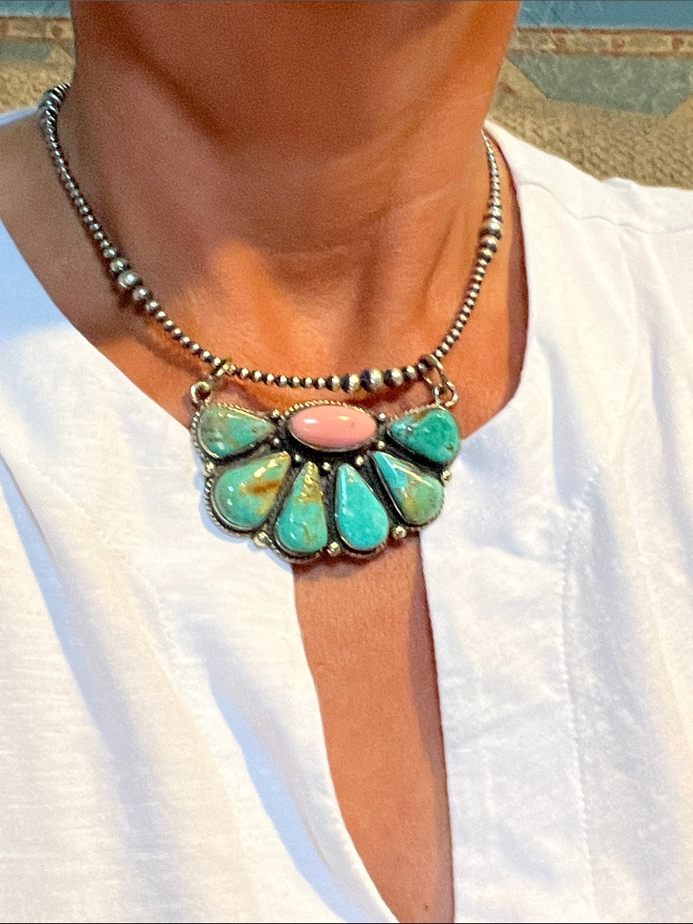 Turquoise and Coral Teardrop Pendant  -Women Jewelry - Picture 3 of 3